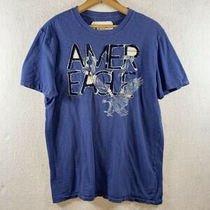 American Eagle Men Y2K Puff Spell Out T Shirt Sz M Blue Graphic Embroidered 2011